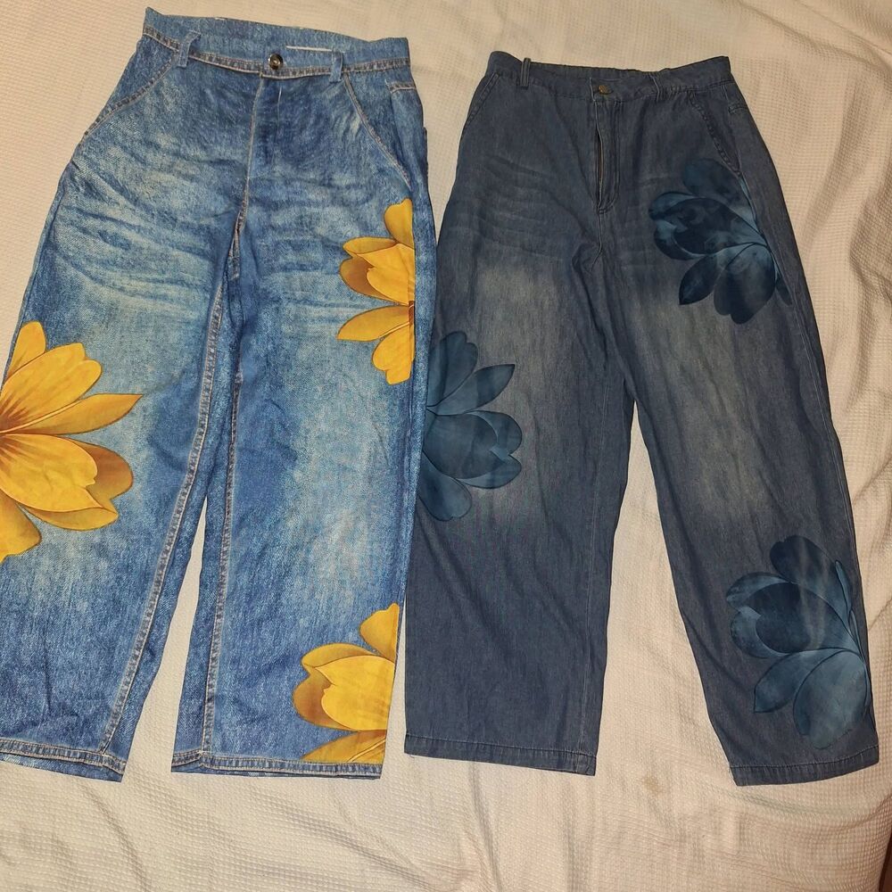 Two Summer light weight Faux jeans - wide leg ankle "jeans" Size Small
